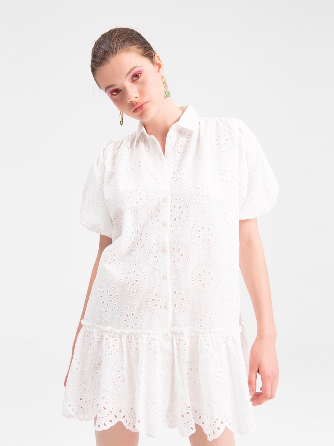 

PRET A TUER Self Design Puff Sleeves Ruffles Cotton Mini Shirt Dress, White