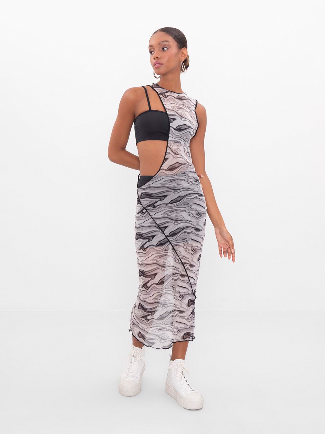 

PRET A TUER Abstract Printed Sleeveless Cut-Outs Maxi Midi Dress, Black