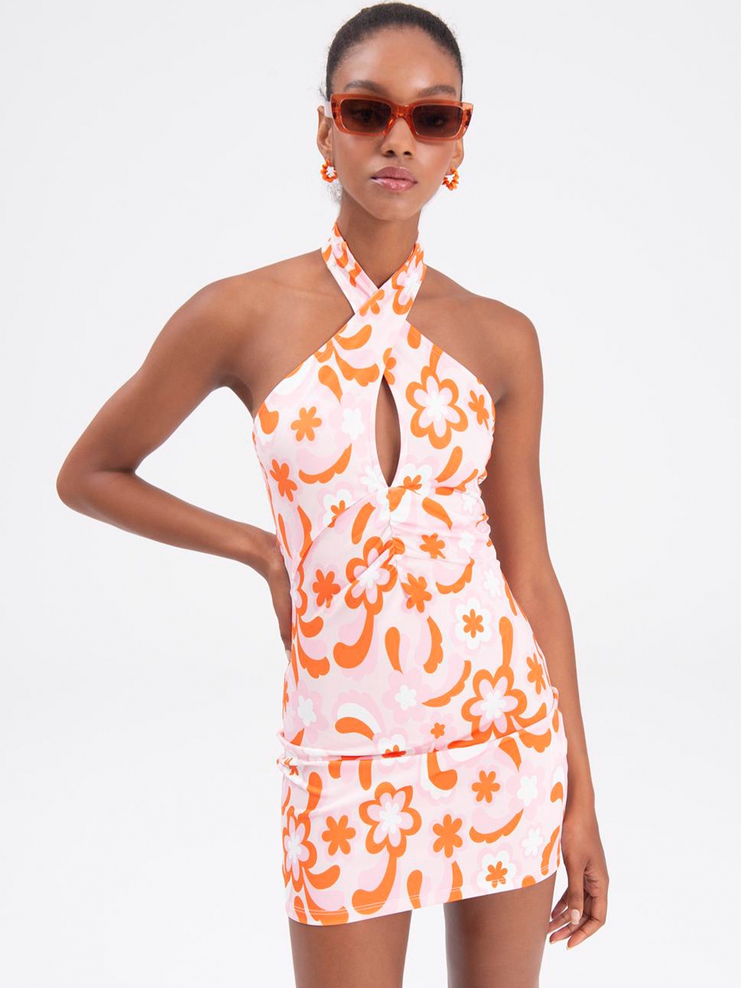 

PRET A TUER Printed Halter Neck Bodycon Mini Dress, Orange