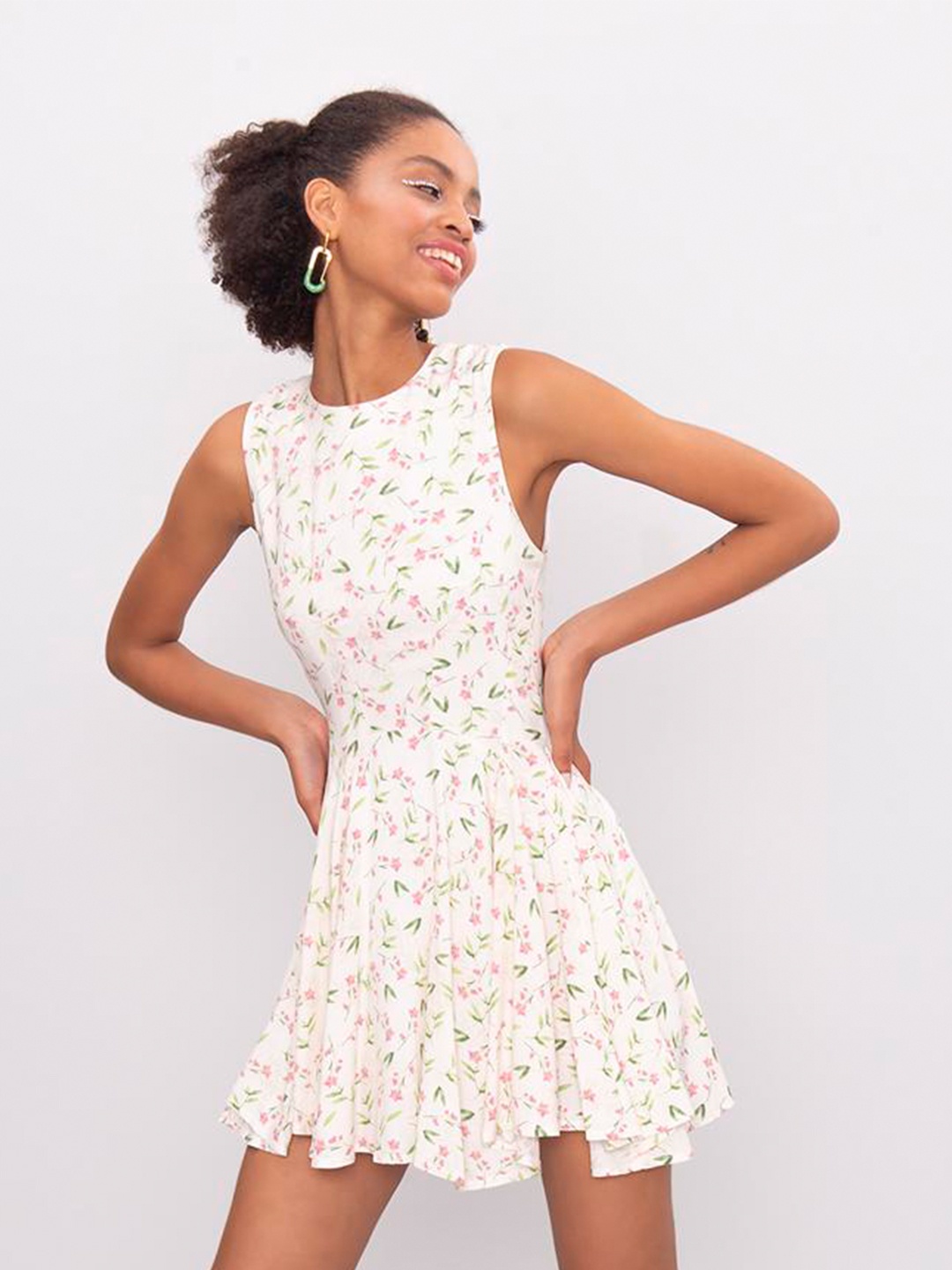 

PRET A TUER Floral Print Fit & Flare Mini Dress, Off white
