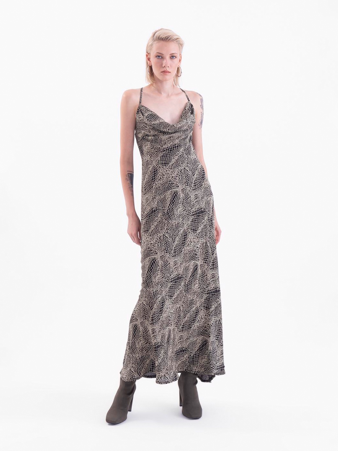 

PRET A TUER Abstract Printed Cowl Neck Shoulder Straps Maxi Dress, Black