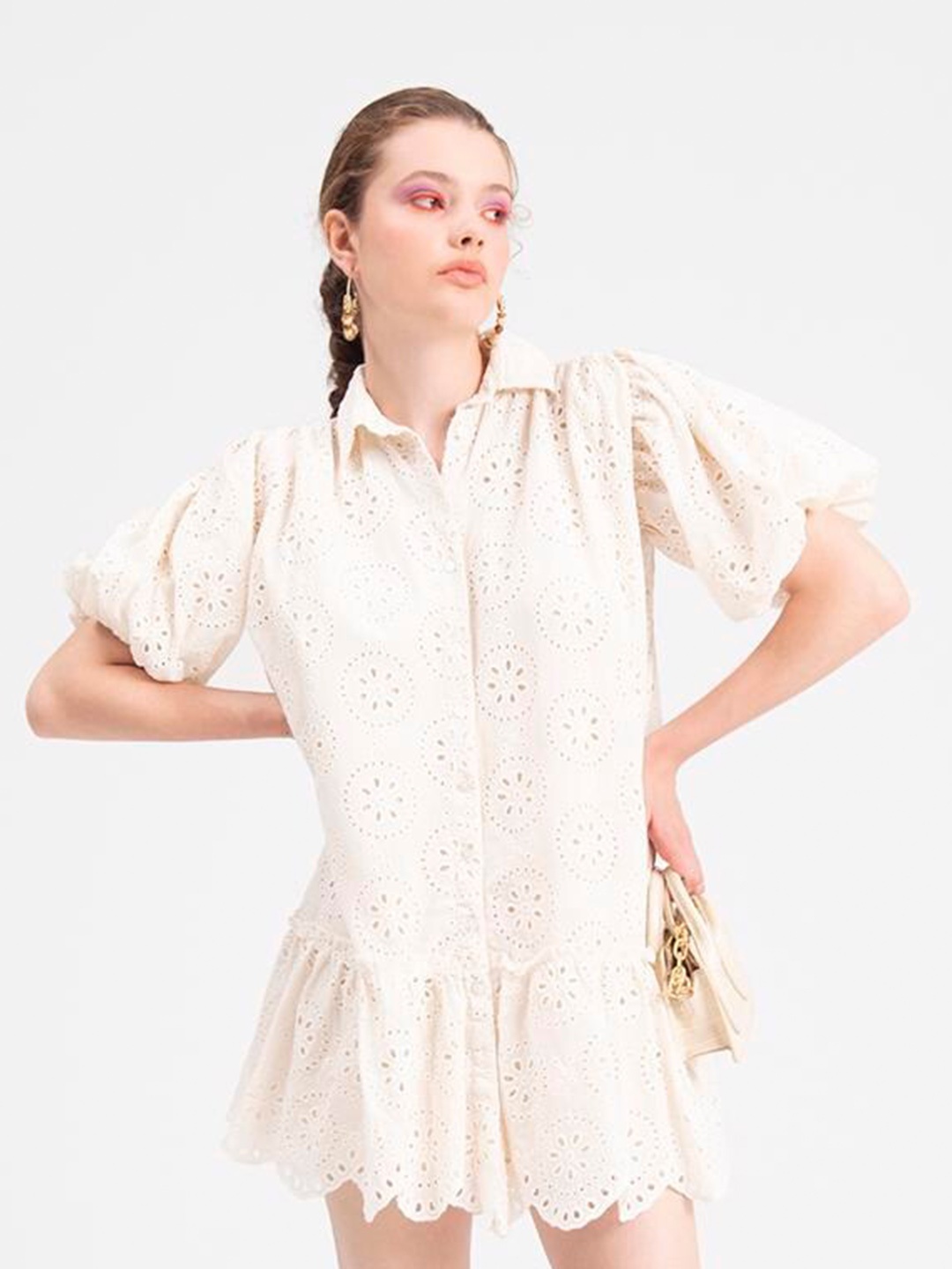 

PRET A TUER Self Design Puff Sleeves Cotton Shirt Mini Dress, Beige