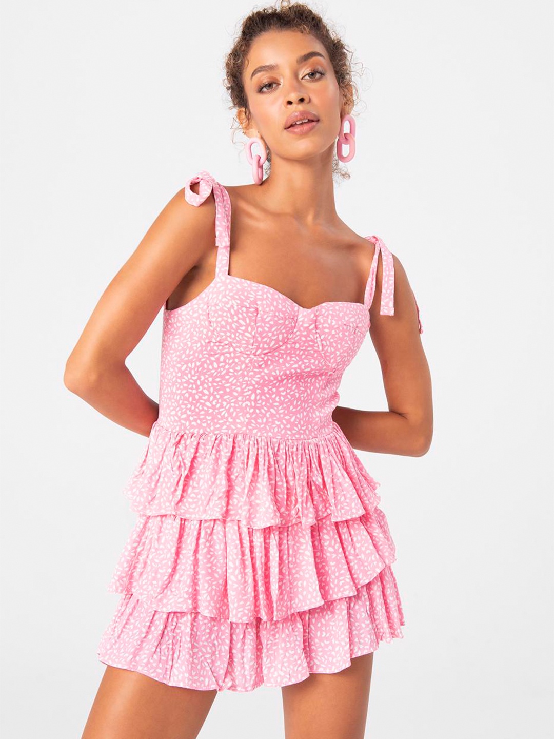 

PRET A TUER Ditsy Print Strapped Layered Mini Dress, Pink