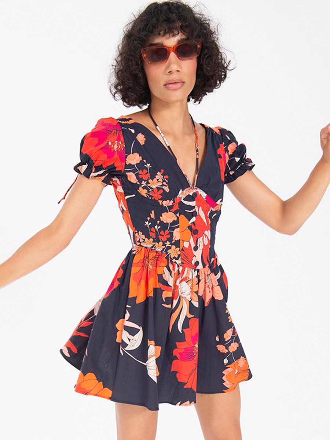 

PRET A TUER Floral Printed Puff Sleeves Fit & Flare Mini Dress, Blue