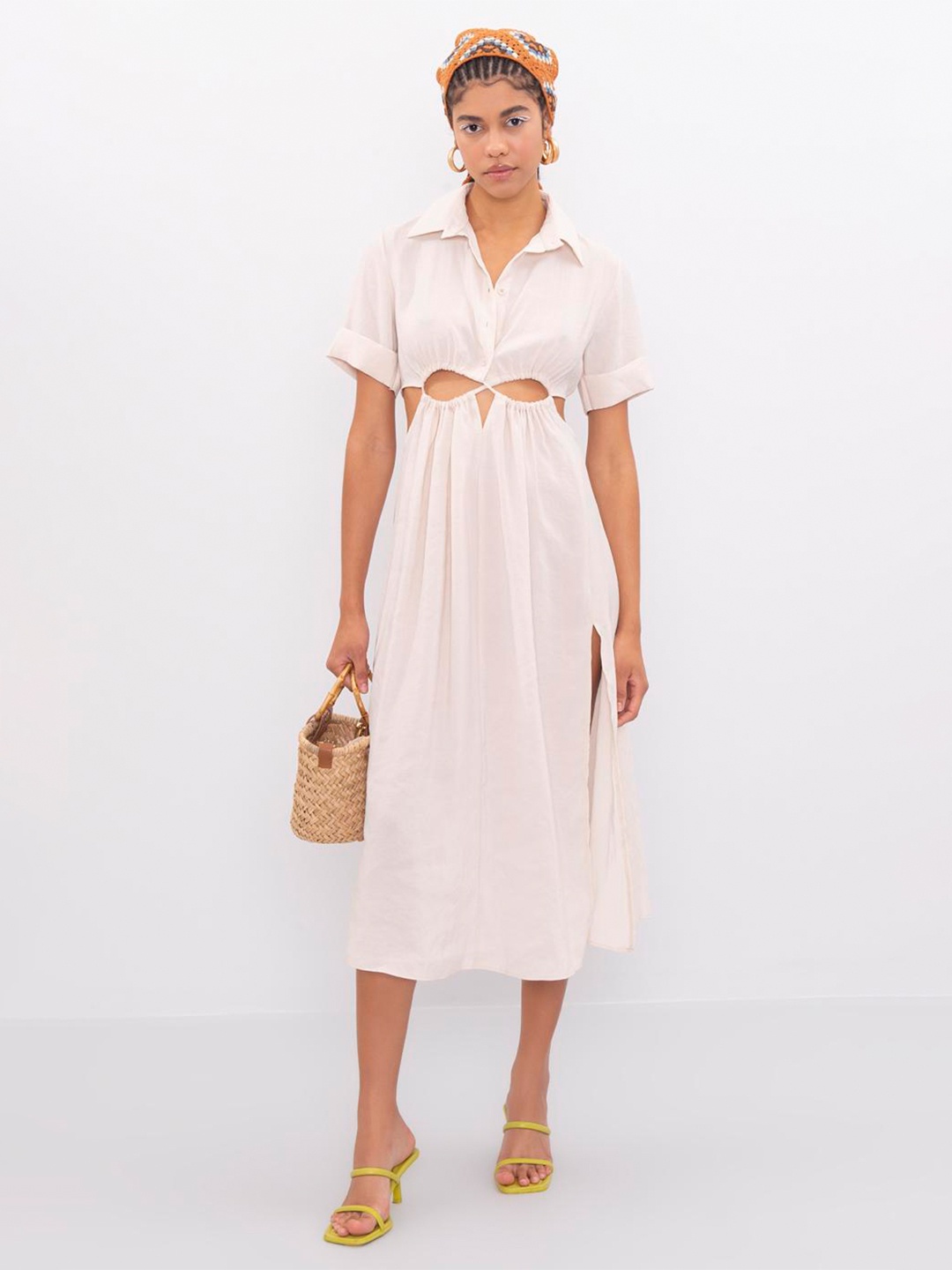 

PRET A TUER Shirt Collar Cut Outs Detail Shirt Style Midi Dress, Off white