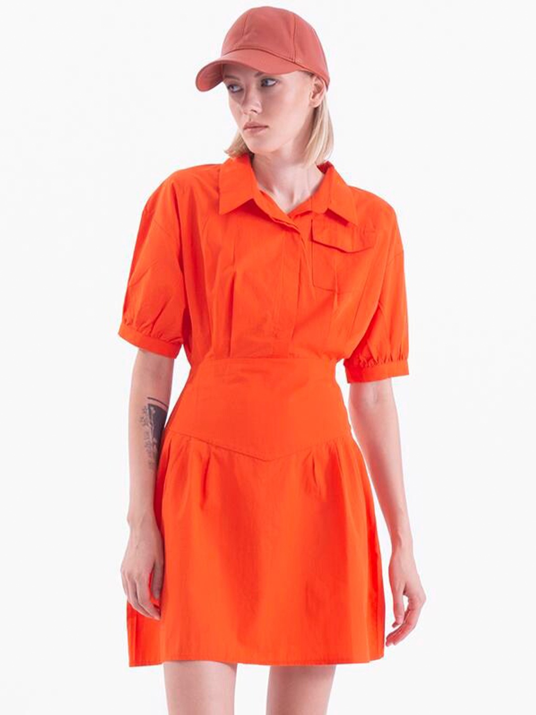 

PRET A TUER Shirt Collar A-Line Mini Dress, Orange