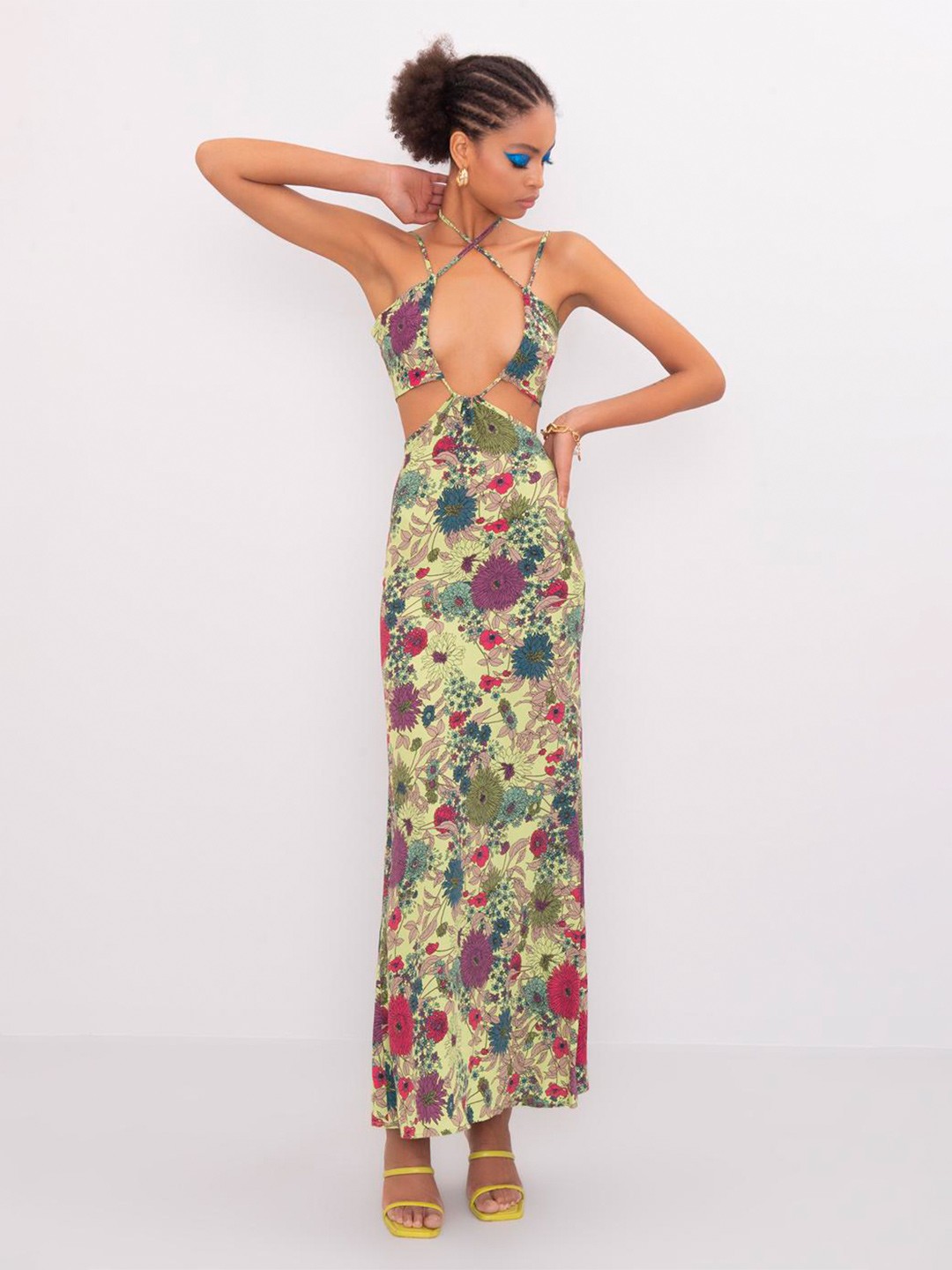 

PRET A TUER Floral Printed Halter Neck Maxi Dress, Green