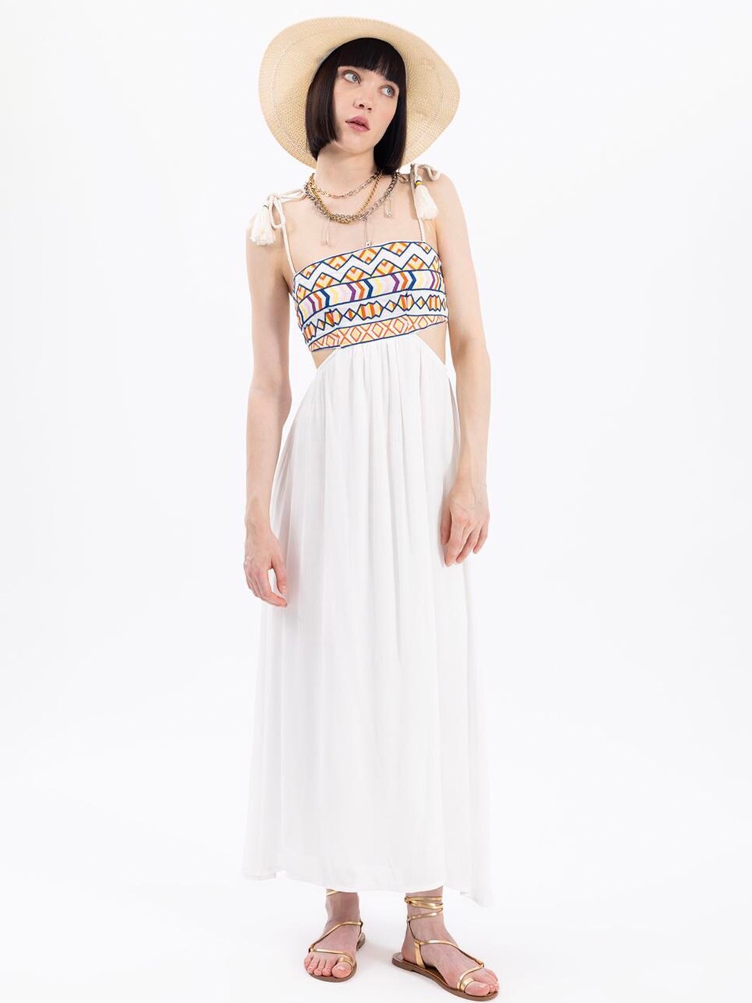 

PRET A TUER Tribal Embroidered Smocked Shoulder Straps Midi Cotton Dress, White