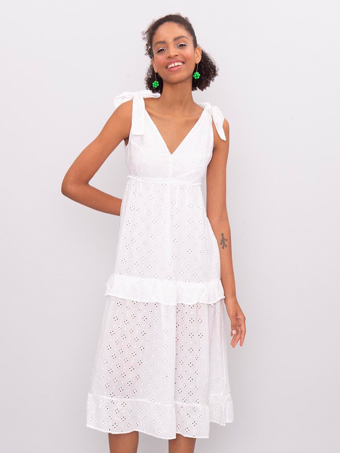 

PRET A TUER Self Design V-Neck Schiffli Cotton Fit & Flare Midi Dress, White