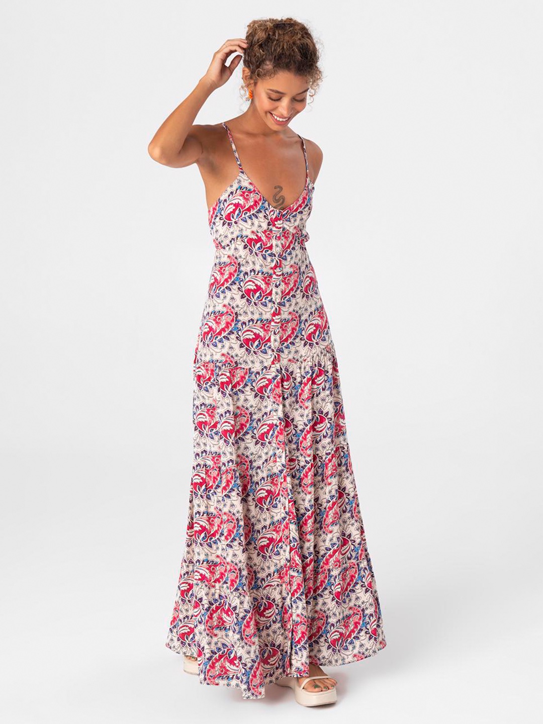 

PRET A TUER Floral Printed Shoulder Straps Maxi Dress, Beige