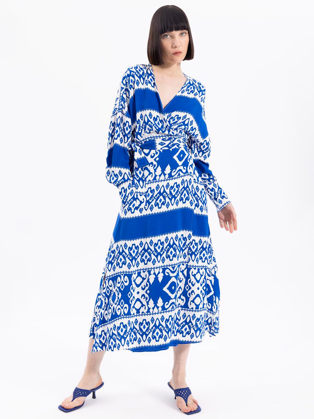 

PRET A TUER Ethnic Motifs Printed A-Line Midi Dress, Blue