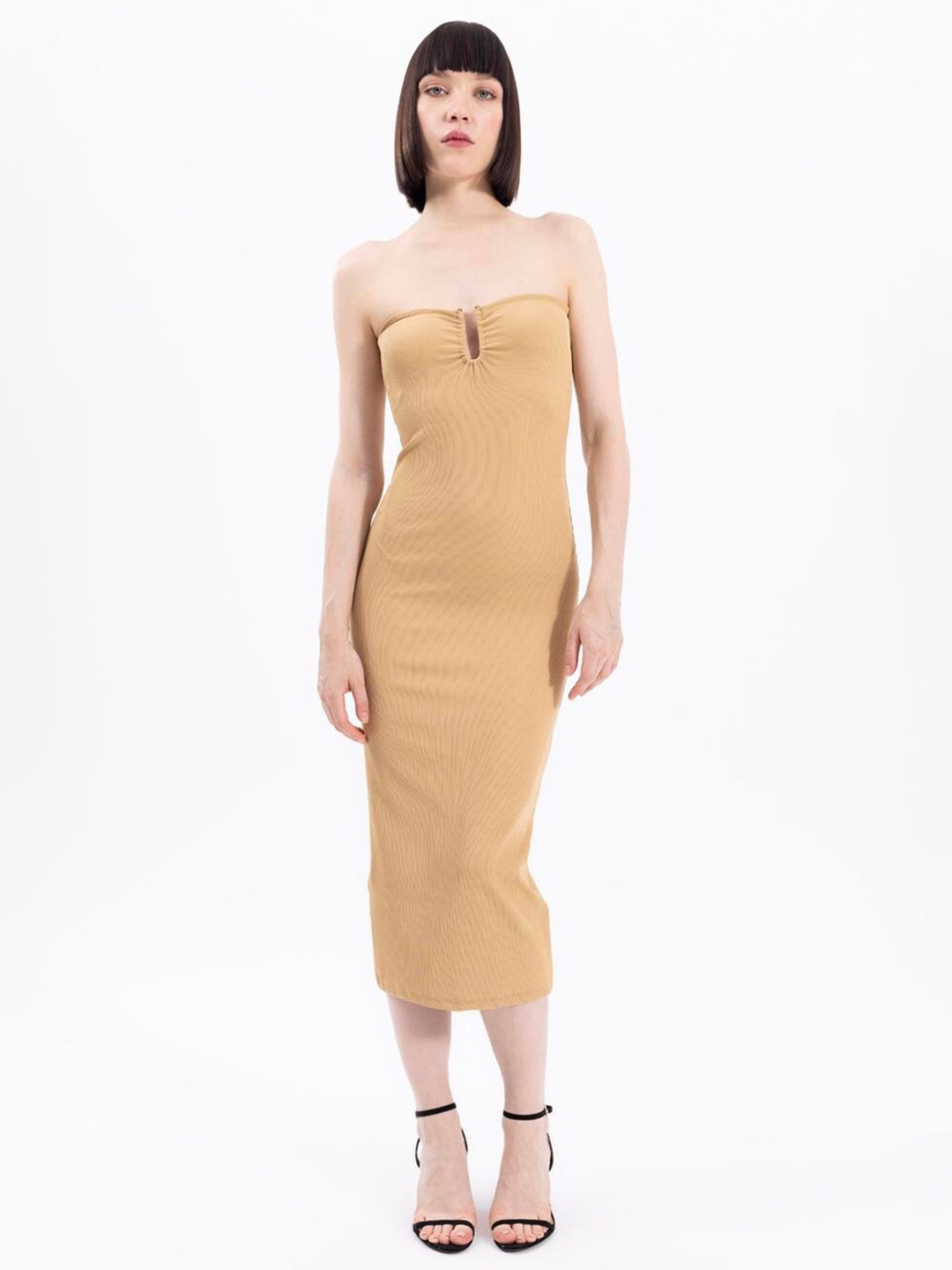 

PRET A TUER Off-Shoulder Bodycon Midi Dress, Beige