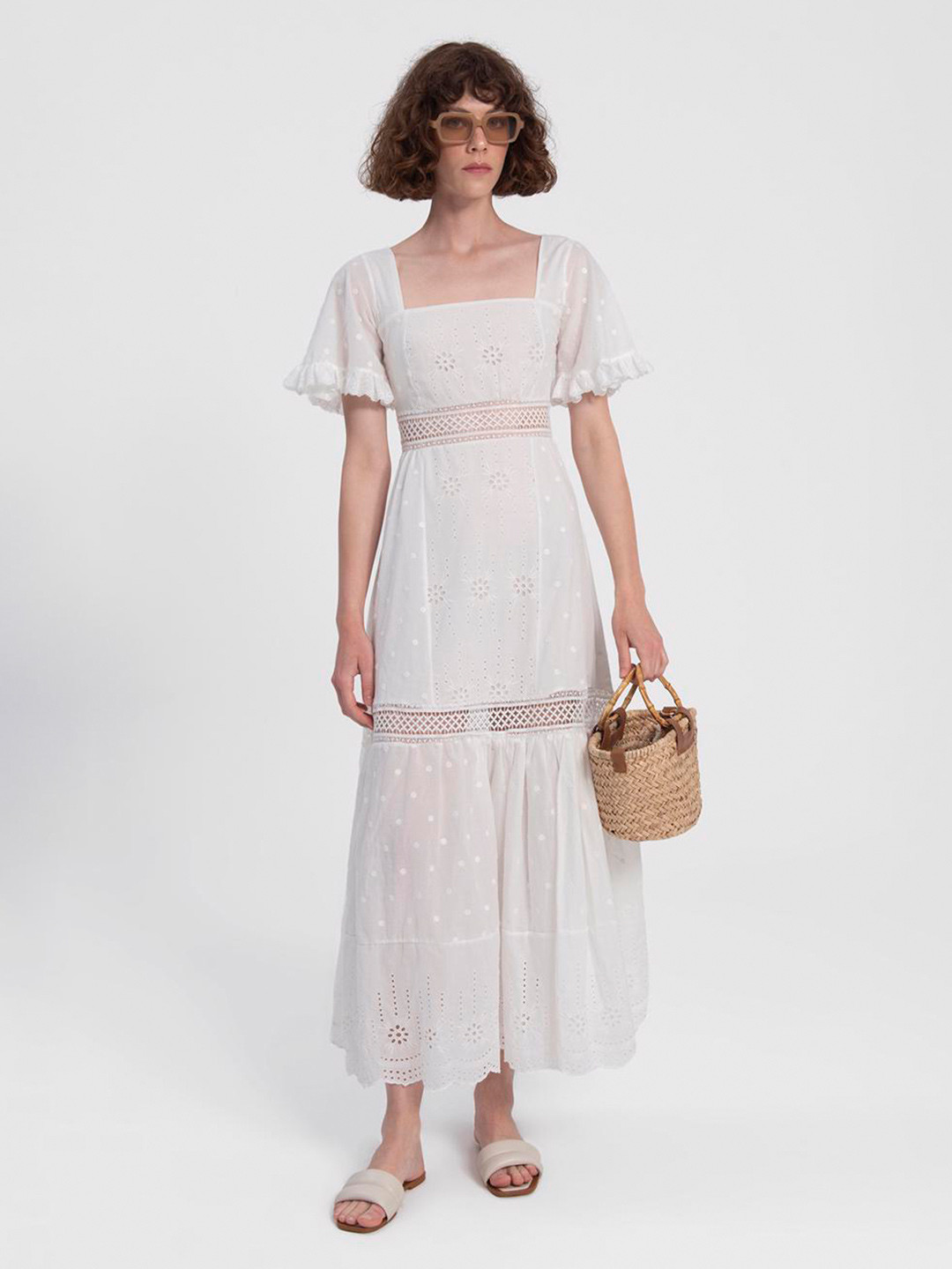 

PRET A TUER Square Neck Flared Sleeve Maxi Dress, White