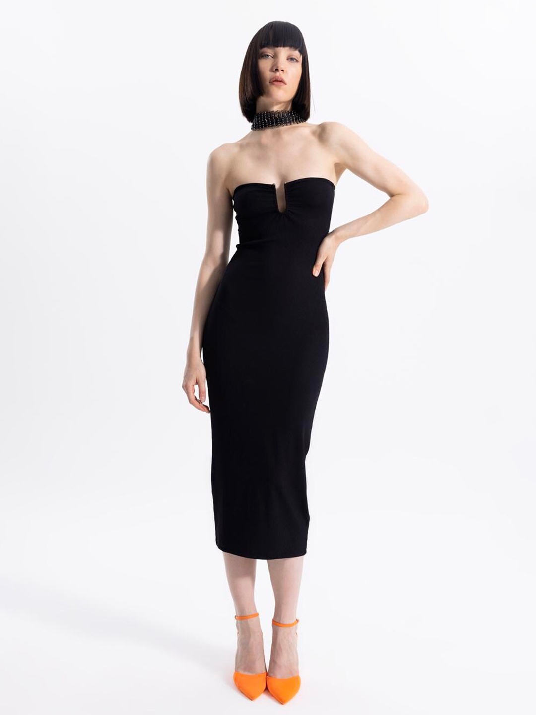 

PRET A TUER Strapless Bodycon Midi Dress, Black