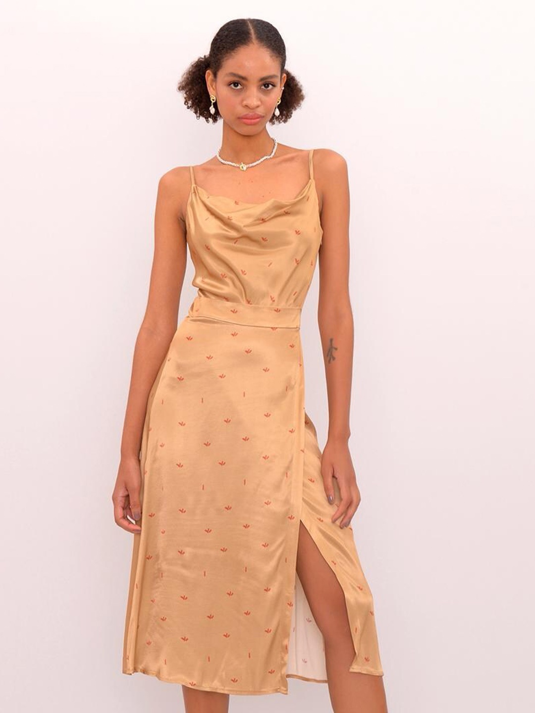

PRET A TUER Conversational Printed Cowl Neck Sheath Midi Dress, Beige