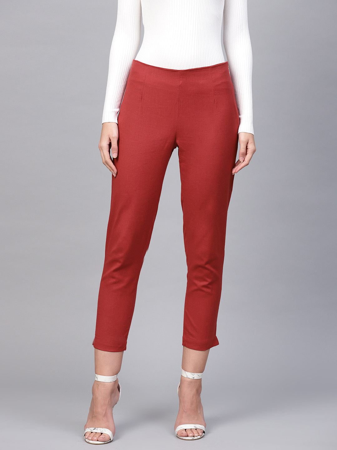 

W Women Rust Red Regular Fit Solid Cropped Cigarette Trousers