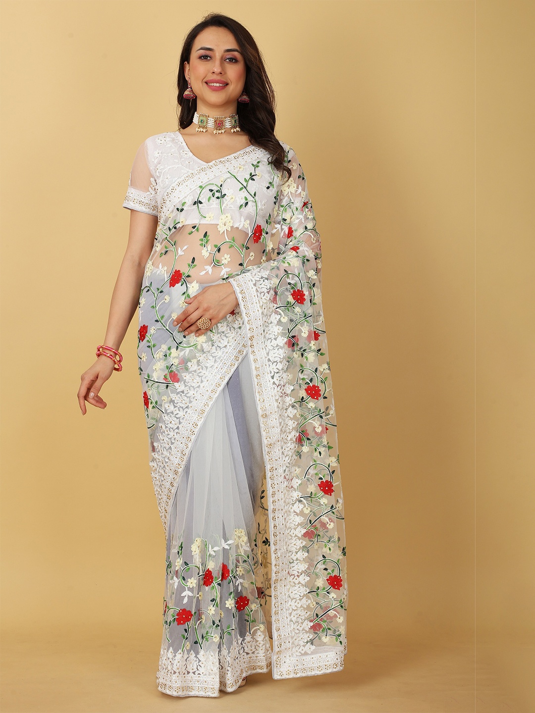 

JSItaliya Floral Embellished Embroidered Net Saree, White