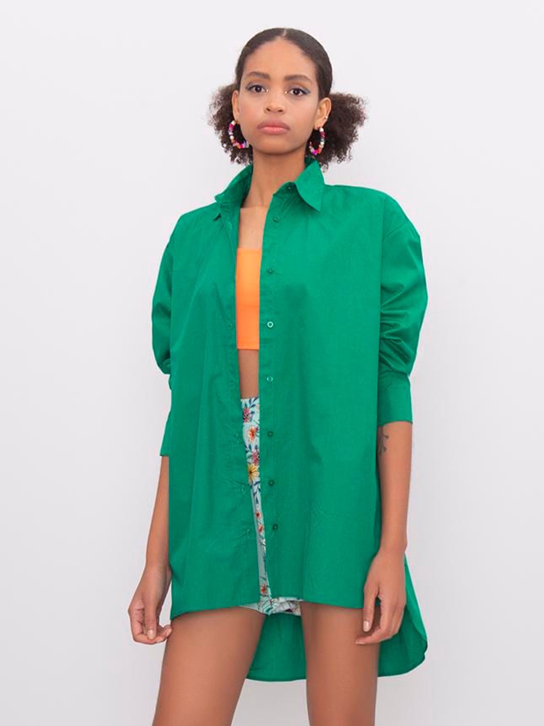 

PRET A TUER Classic Boxy Cotton Longline Casual Shirt, Green