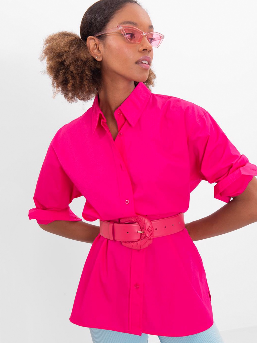 

PRET A TUER Tailored Fit Oversized Cotton Long Casual Shirt, Pink