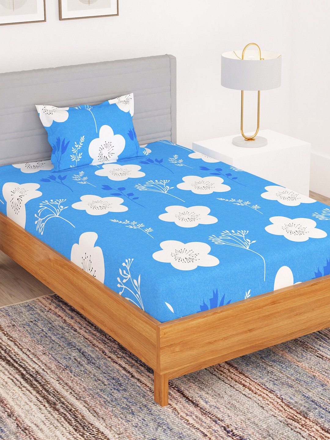 

Bedspun White & Blue Floral 180 TC Single Bedsheet with Pillow Covers