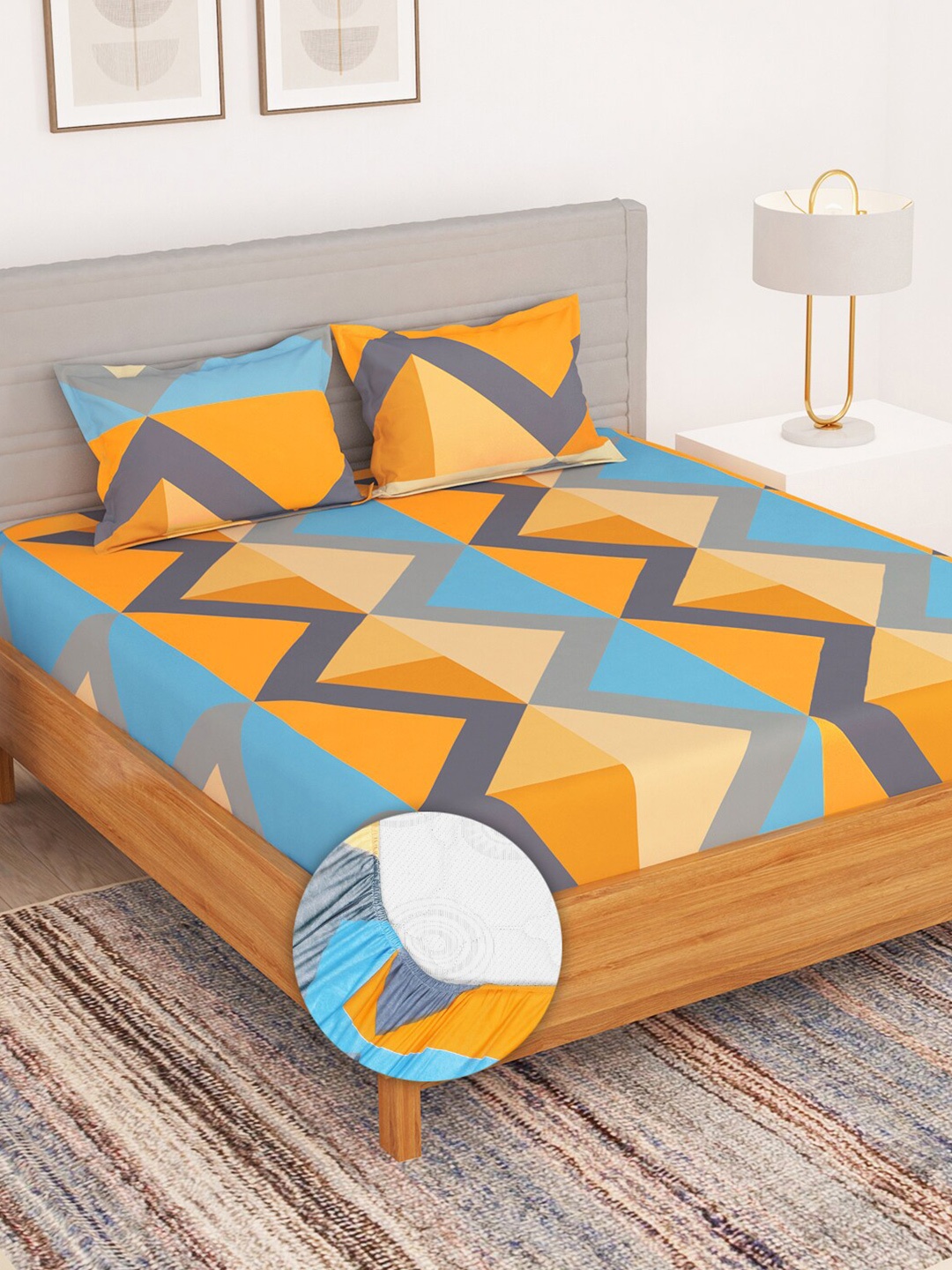 

Bedspun Mustard & Blue Geometric Microfiber 180 TC King Bedsheet With 2 Pillow Covers