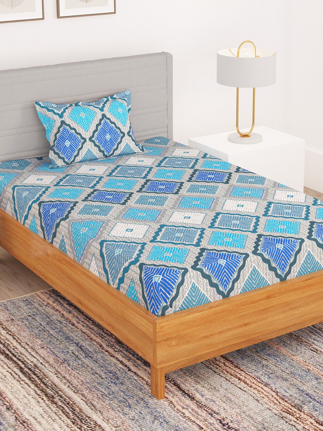 

Bedspun Orchid Blue Geometric Microfiber 180 TC Single Bedsheet With 1 Pillow Cover