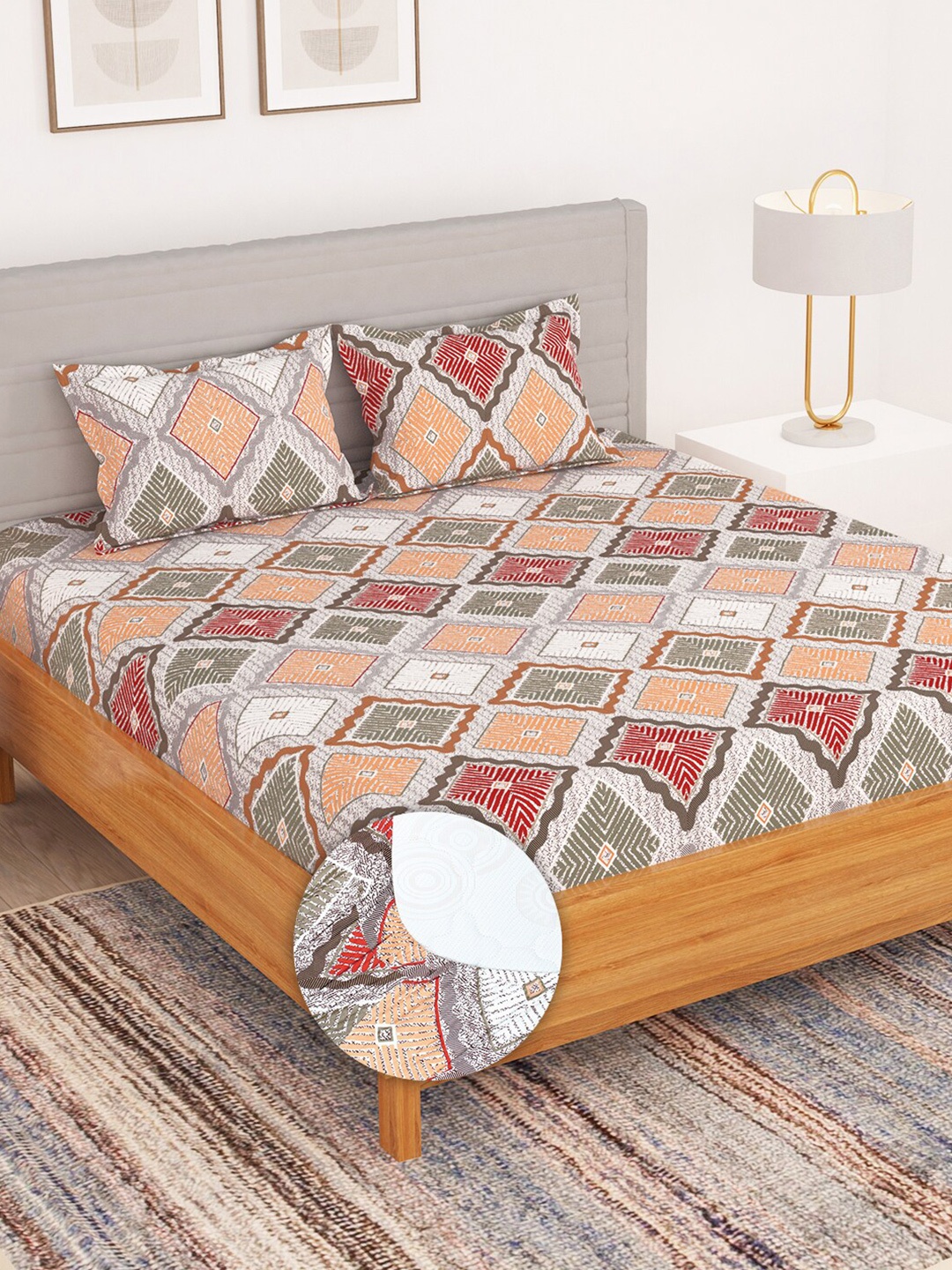 

Bedspun Red & Beige Geometric 180 TC King Fitted Bedsheet with 2 Pillow Covers