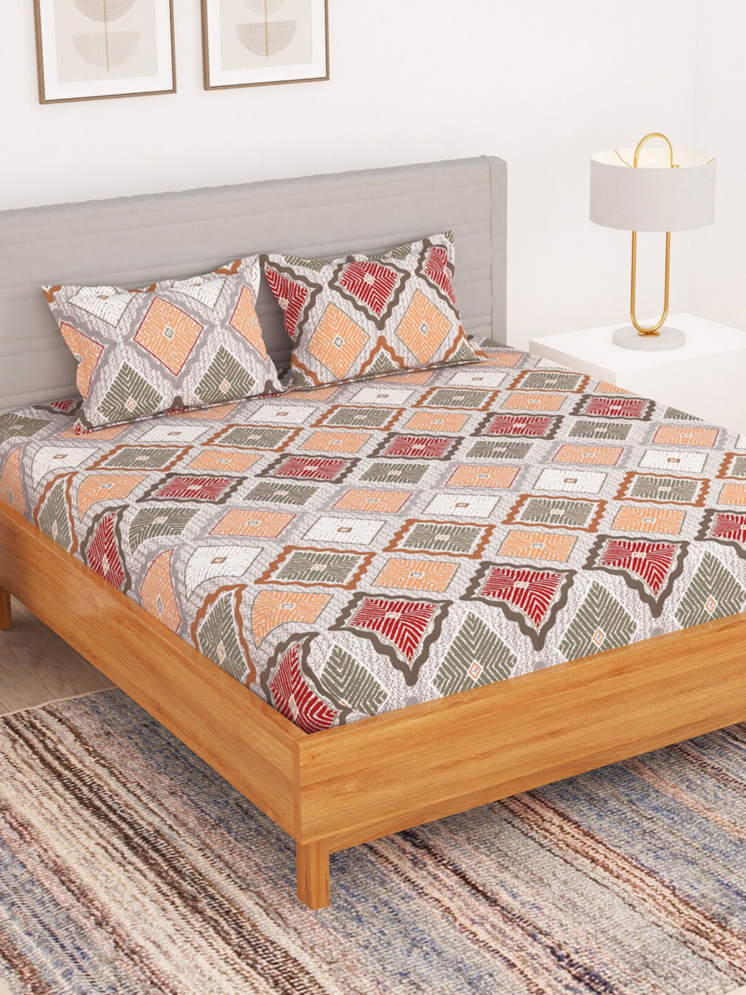 

Bedspun Red & Peach-Coloured Geometric 180 TC Queen Bedsheet with 2 Pillow Covers