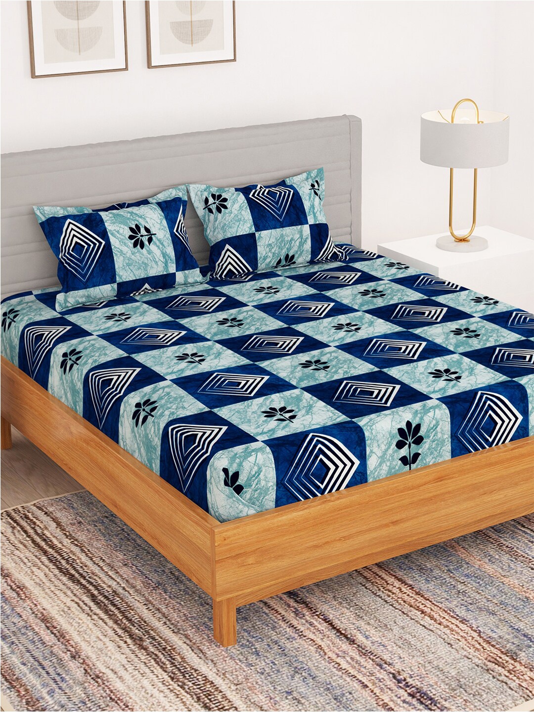 

Bedspun Blue & Black Geometric 180 TC Queen Bedsheet with 2 Pillow Covers