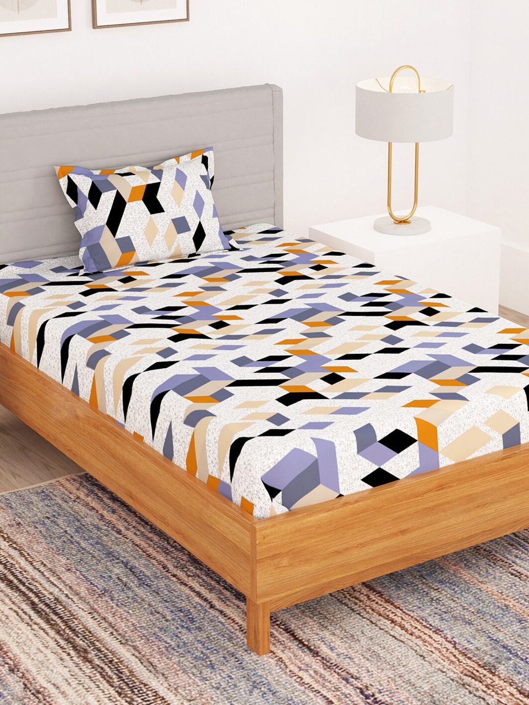 

Bedspun White & Black Geometric 180 TC Single Bedsheet with 1 Pillow Cover