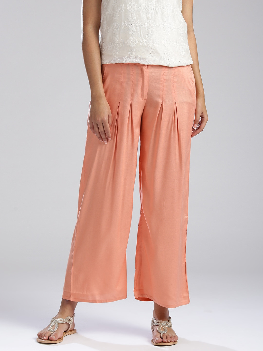 

W Women Peach-Coloured Solid Wide Leg Sustainable Palazzos