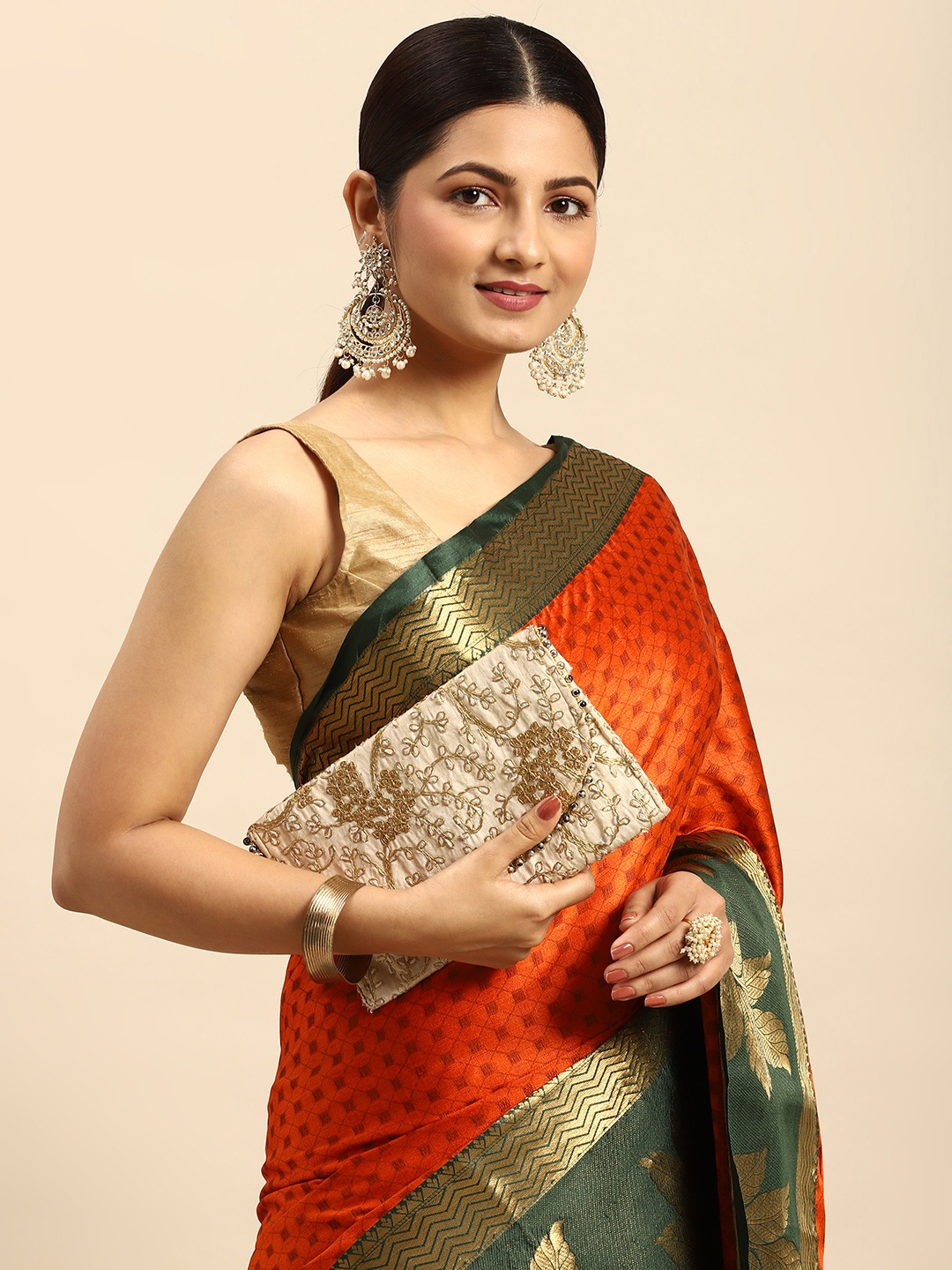 

VASTRANAND Woven Design Geometric Zari Banarasi Saree, Orange