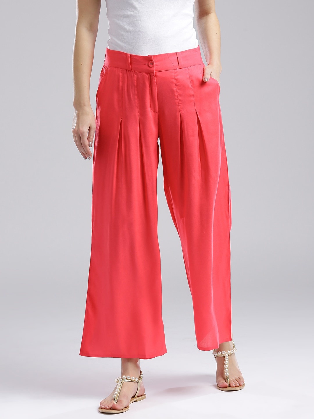 

W Women Coral Pink Wide Leg Solid Sustainable Palazzos