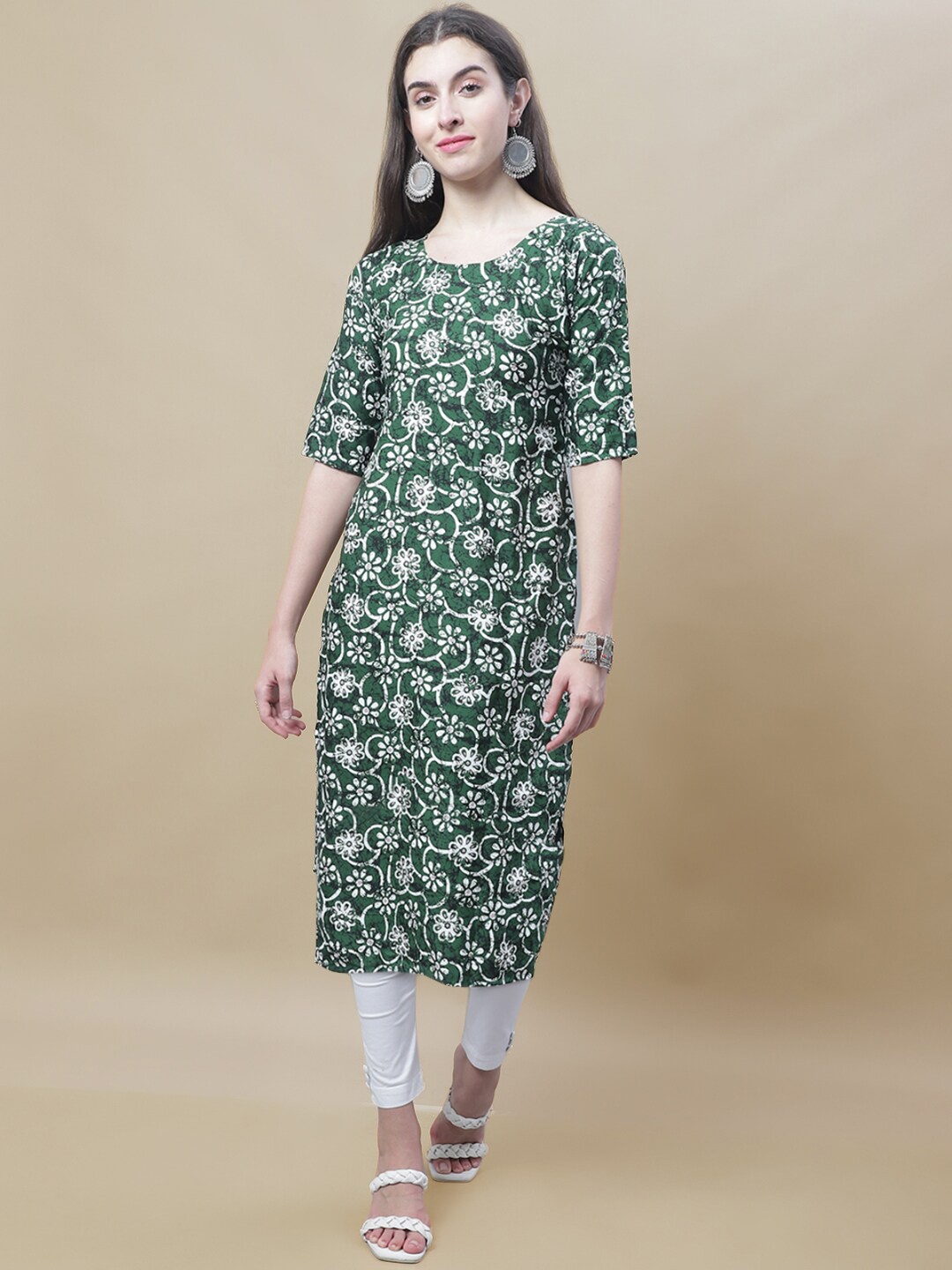 

7Threads Floral Printed Straight Kurta, Green