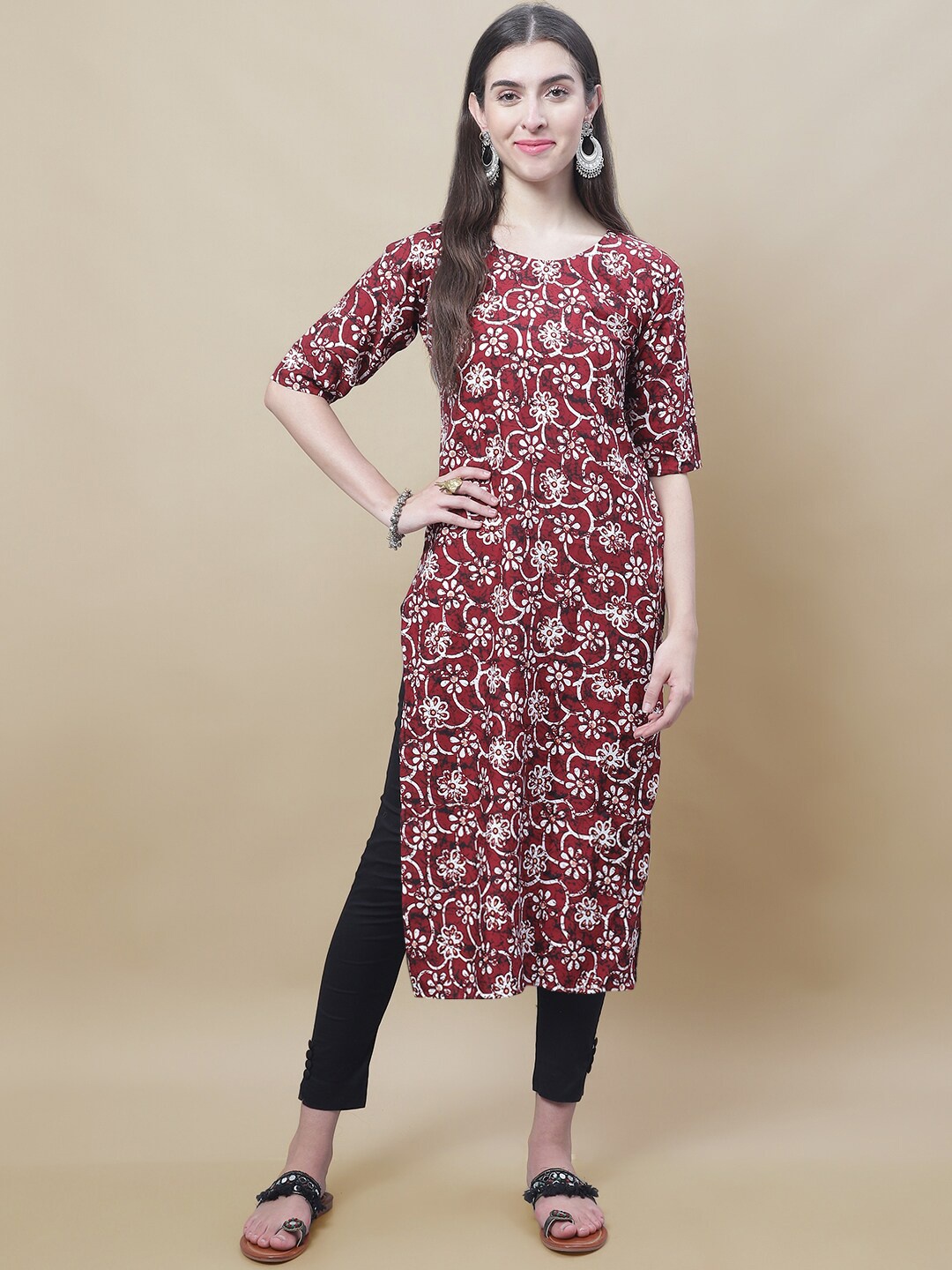

7Threads Floral Printed Straight Kurta, Maroon