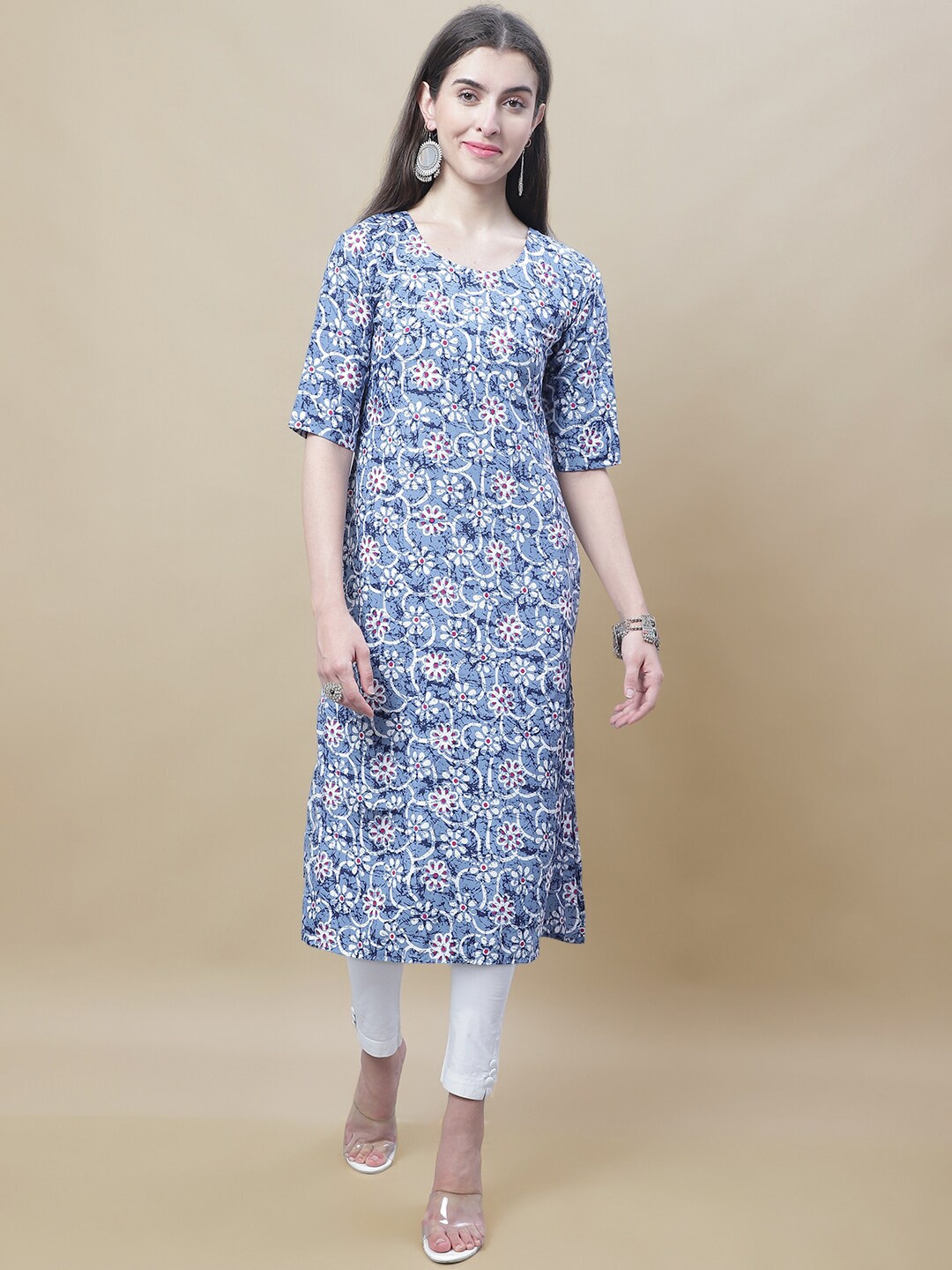 

7Threads Floral Printed Crepe Kurta, Blue
