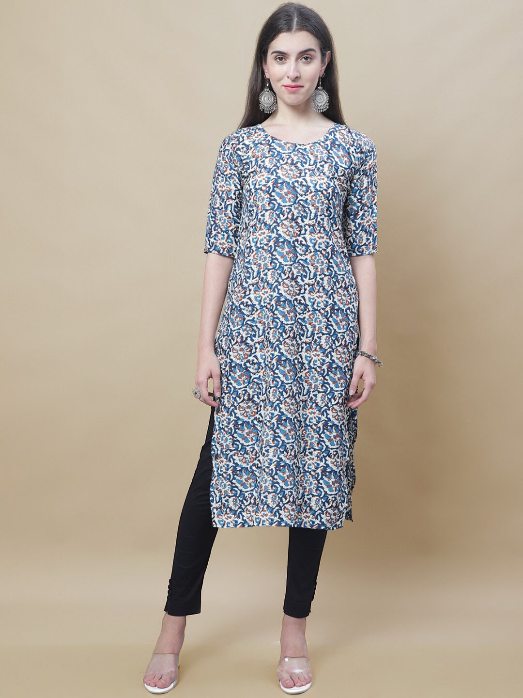 

7Threads Ethnic Motifs Printed Straight Kurta, Blue