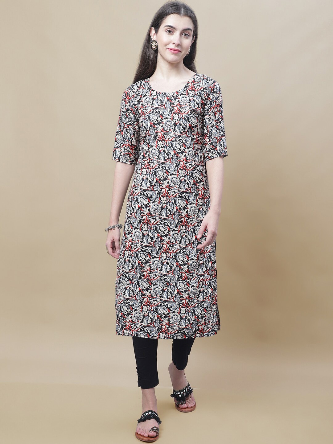 

7Threads Floral Printed Crepe Kurta, Black