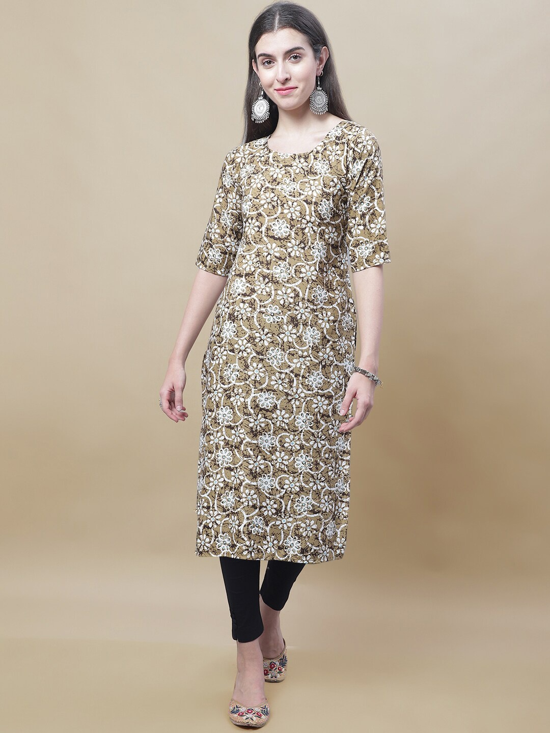 

7Threads Floral Printed Straight Kurta, Beige