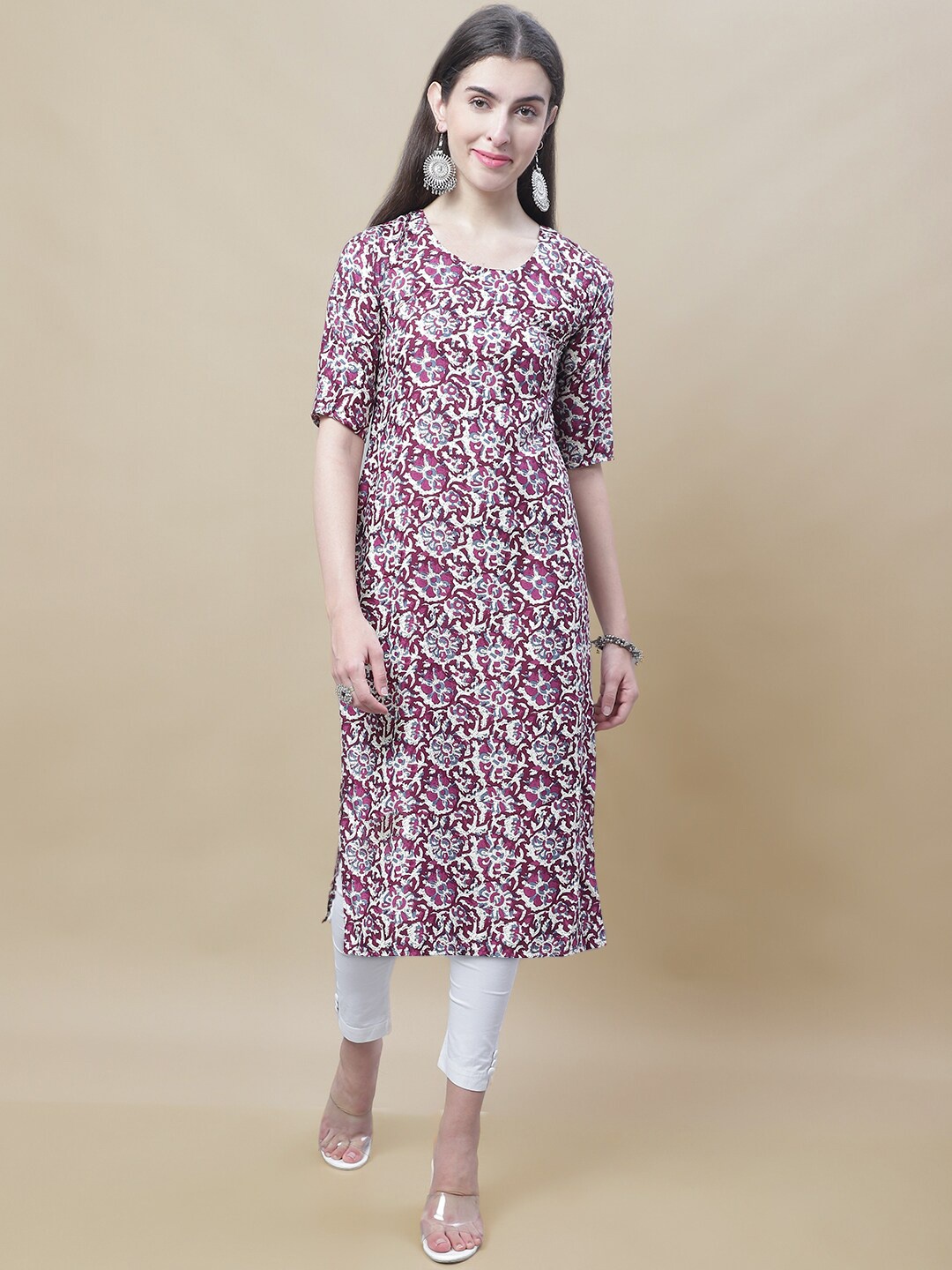 

7Threads Floral Printed Straight Kurta, Pink