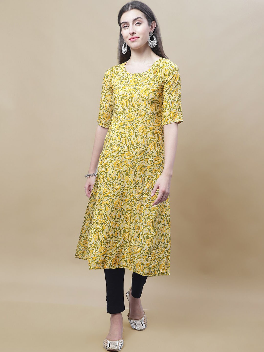 

7Threads Abstract Printed Straight Kurta, Yellow