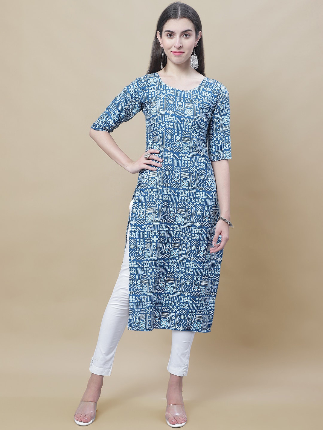 

7Threads Geometric Printed Straight Kurta, Blue