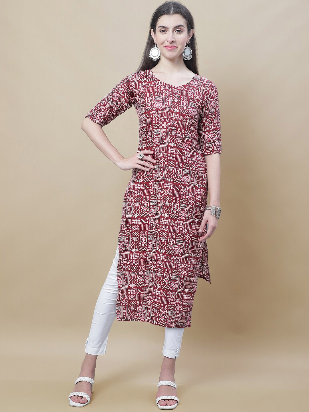 

7Threads Geometric Printed Straight Kurta, Maroon