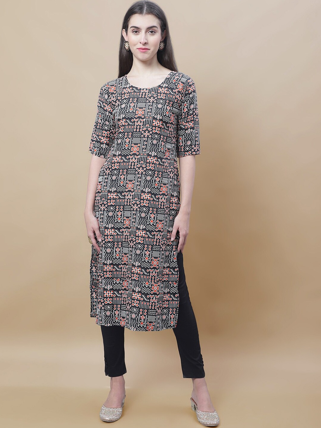 

7Threads Geometric Printed Straight Kurta, Black