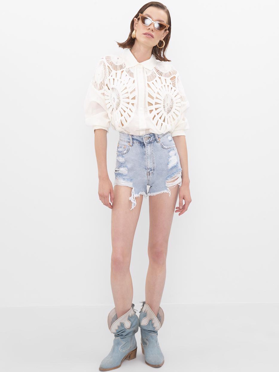 

PRET A TUER Women Distressed Cotton Denim Shorts, Blue