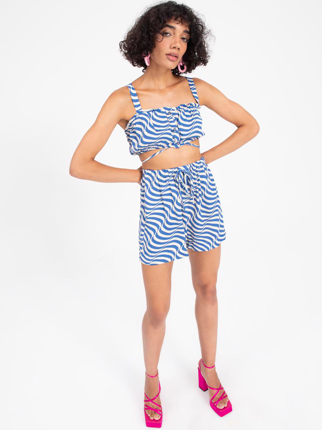 

PRET A TUER Women Striped Printed Loose Fit Shorts, Blue