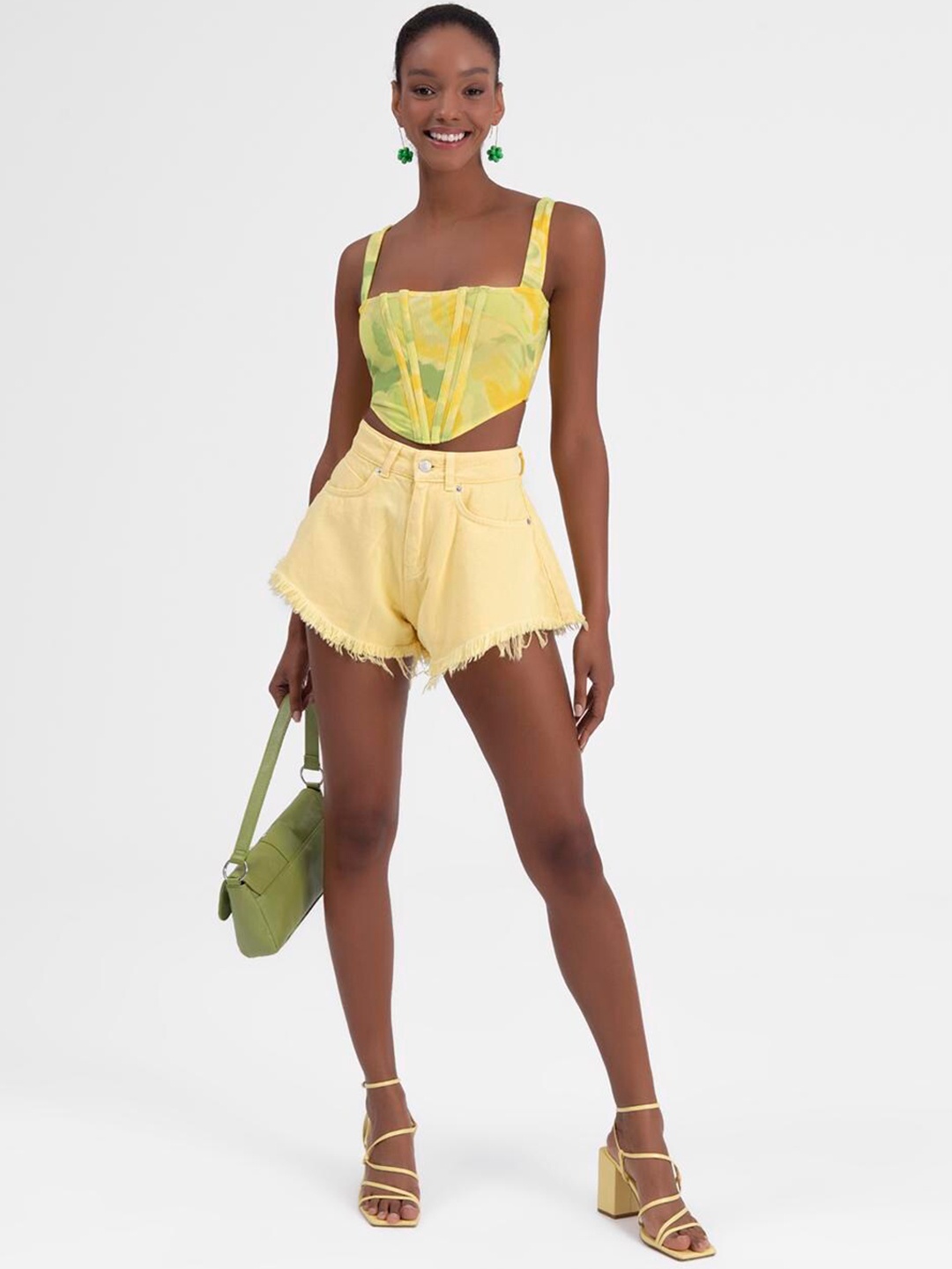 

PRET A TUER Women Mid-Rise Loose Fit Cotton Denim Shorts, Yellow