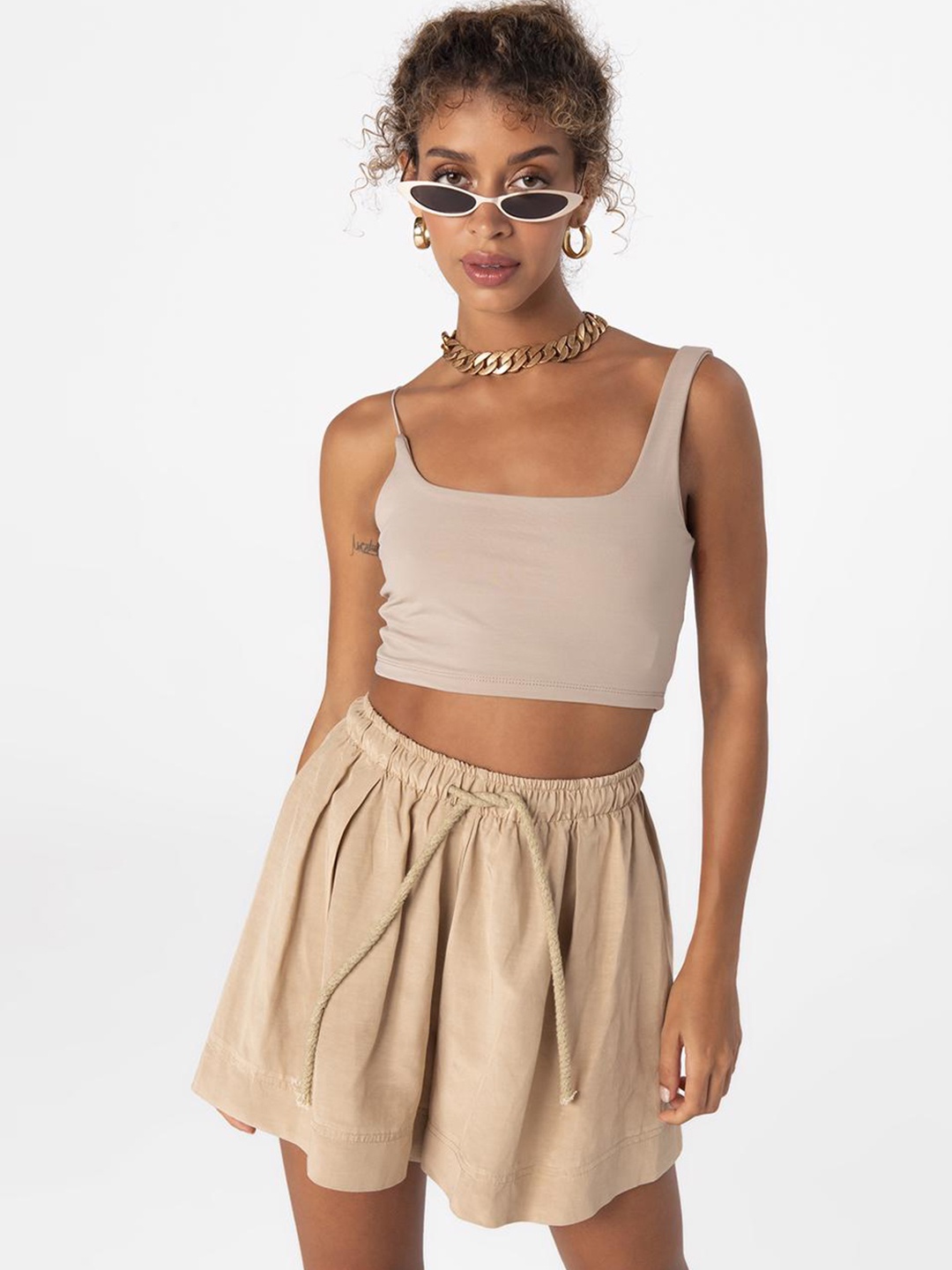 

PRET A TUER Women Loose Fit Cotton Shorts, Beige