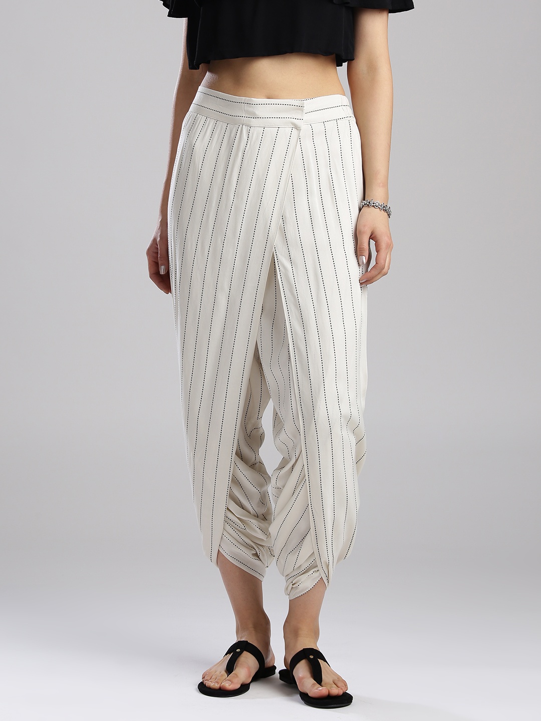 

W Off-White & Black Striped Cropped Dhoti Pants