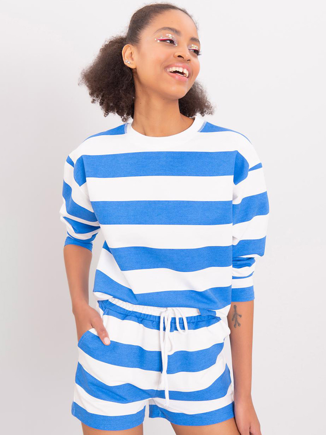 

PRET A TUER Women Striped Cotton Shorts, Blue